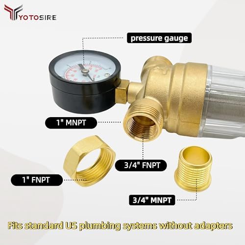 Spin Down Sediment Water Filter System with Pressure Gauge, 50&100 Micron Stainless Steel filter Mesh Pre-Filter for City/Well Water, 1" MNPT & 3/4" FNPT/MNPT Ports, Easy Backwash Cleaning - Image 5