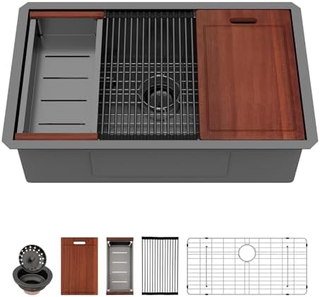 Sarlai 32 Undermount Sink Black Stainless 32" x19" Kitchen Sink Workstation by Sarlai