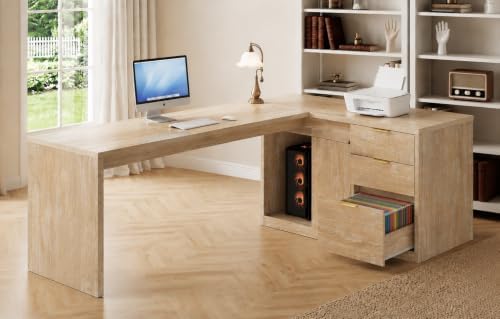 78.7" L-Shaped Executive Desk with Drawers and File Cabinet Farmhouse Large Office Desk with Power Outlets & Sliding Door Storage, Corner Computer Desk for Home Office Gaming by Homiflex