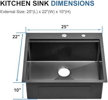 25 Black Drop in Workstation Kitchen Sink, Scamall 25x22x10 In Black Stainless Steel Kitchen Sink with Workstation 16 Gauge Topmount Sink Single Bowl 10 Deep with Accessories - Image 4