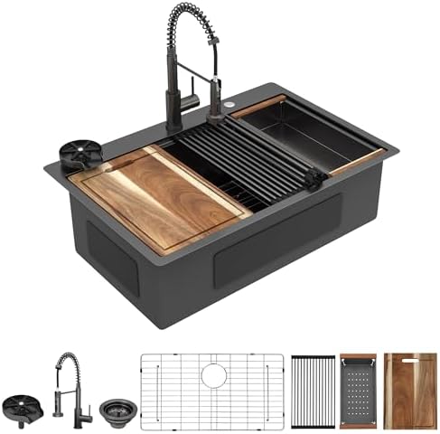 33"x22" Drop In Kitchen Sink with Faucet Combo & Glass Rinser by FULORNI