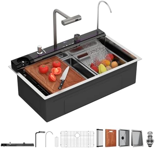 Lordear Drop In Kitchen Sink, 33 inch Waterfall Sink 16 Gauge Stainless Steel, Above Counter Smart Kitchen Sinks, Single Bowl with Integrated Faucet for High-Efficiency Cleaning by LORDEAR