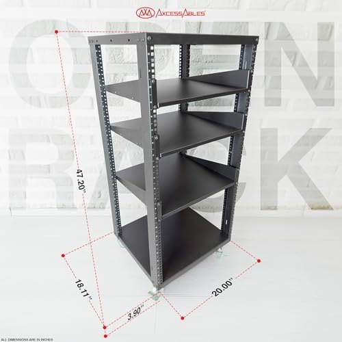 AxcessAbles 22U Open Frame Network & AV Rack with Caster Wheels, Three 2U Shelves, 10-32 & Cage Nut Compatible Rails, Cage Nuts, Screws, Cage Nut Tool & Wall Mount Kit | 19-Inch Equipment Rack - Image 3