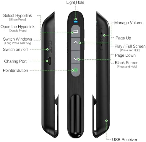 USB C Rechargeable Presentation Clicker with Green Light, Remote Clicker for Presentations Wireless Presenter Slide Changer PPT Advancer with Volume Control for Laptop Computer - Image 6