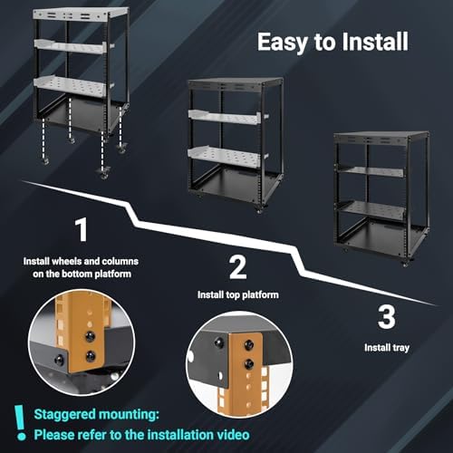 15U Open Frame Server Rack, Wall-mountable IT Rack w/Swivel Casters, 2 Rack Shelves, Top & Bottom Panels, Network Rack for Stereo/Computer/Data/IT/AV Equipment, 19.7”L x 18.8”W x 32.3”H - Image 2