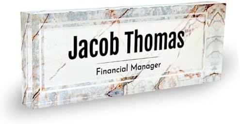 Customized Clear Acrylic Thick 8x3" Desk Name Plate Block with Personalized Logo - Professional Office Decor - Customized Acrylic Plate Gift for Teacher Co-workers (Beige Marble) by ClickedCraft