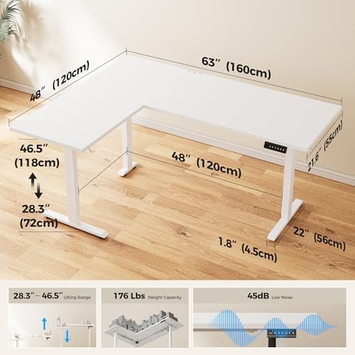 Agilestic L Shaped Standing Desk 63 inch Adjustable Height, Electric Corner Standing Desk, Sit Stand Computer Table with Splice Board, White - Image 3