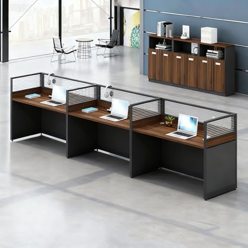 3-person Office Cubicle Desk Workstation w/Mute Privacy Panels, Dark Walnut by Nykto