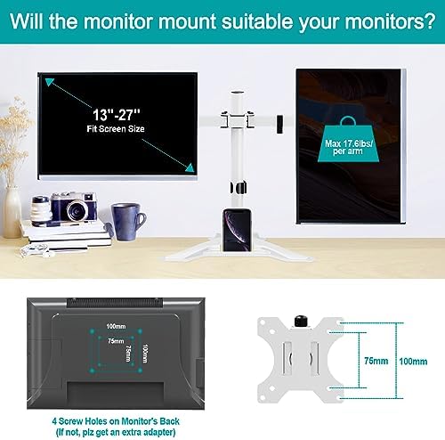 MOUNT PRO Dual Monitor Stand, Free-Standing Full Motion Monitor Desk Mount Fits 2 Screens up to 27 inches,17.6lbs with Height Adjustable, Swivel, Tilt, Rotation, VESA 75x75 100x100,White - Image 6