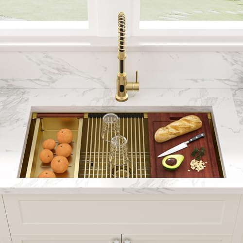 Sarlai 32 Gold Undermount Kitchen Sink 32" x19" Gold Sinks Workstation - Image 3