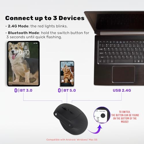 J-Tech Digital Wireless Mouse, Vertical Ergonomic Mouse with 2.4G Wireless & Bluetooth for 3 Multi-Device Function, Adjustable DPI Modes, Compatible with PC, Mac, Laptop - Black - Image 3