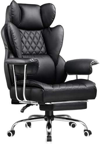 COMHOMA Big and Tall Office Chair, High Back Leather Gaming Chair with Footrest, Executive Ergonomic Office Chair with Pocket Spring Lumbar Support and with Outward Fixed Soft Armrests by ComHoma