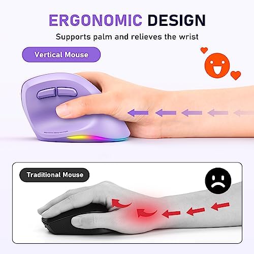 MEETION Ergonomic Wireless Vertical Mouse, Rechargeable, Purple - Image 2