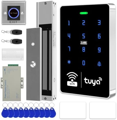 WiFi TUYA Security Access System Kit with Waterproof RFID Touch Keypad Door Lock, Smart Remote Door Opener, App, 600-pound Electric Magnetic Lock, Metal Sensor Switch, Doorbell, Keychain/Card by XYBkey