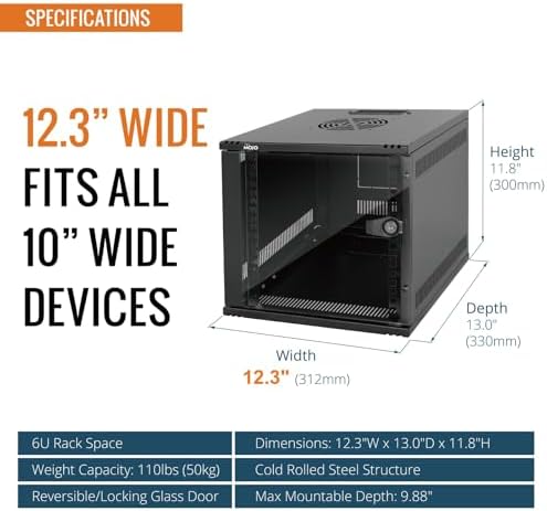Tecmojo 6U 10 inch Rack, Wall Mount Network Cabinet Set,12.3W x 13D x 11.8H- Load Capacity 110Lbs(50 kg),Black 10" Wall Housing Server Rack Set - Image 2