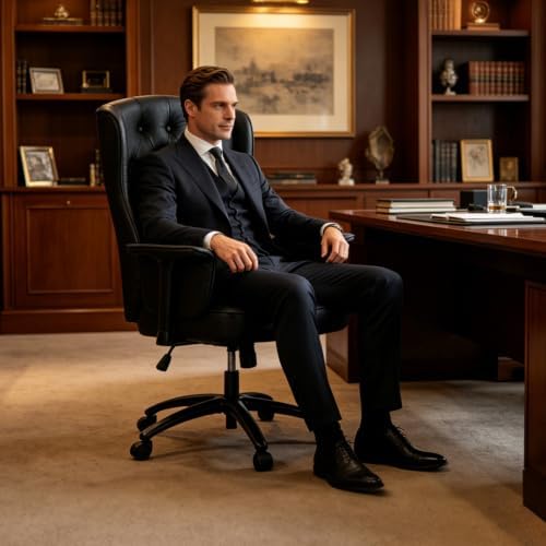DYHOME Vintage Office Chair Wingback Black Leather Executive Desk Chair - Image 5
