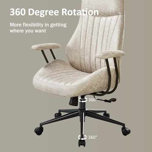 High Back Home Office Chair, Mid Century Vintage Executive Chair,Comfy Ergonomic Rolling Office Task Chair with Lumbar Support, Faux Leather Office Chair,Beige - Image 5