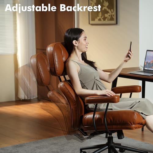 High Back Executive Office Chair with Comfortable Deep Seat,Brown PU Leather Modern Office Chair,Ergonomic Big and Tall Computer Desk Chair with Lumbar Support(Light Brown) - Image 4