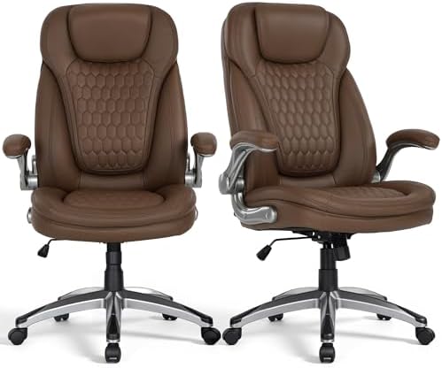 COLAMY Office Chair Ergonomic Desk Chair Set of 2-Executive Office Chair with Upgraded Caters, High Back Computer Chair Flip-up Arms, Swivel Leather Chair for Work/Study, 300lbs, Brown by COLAMYHOME