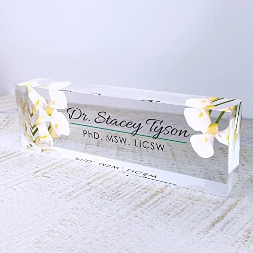 Artblox Office Desk Name Plate Personalized | Custom Name Plates for Desks | Calla Flowers Design On Clear Acrylic Glass | Office Desk Decor - (8" x 2.5") - Image 5