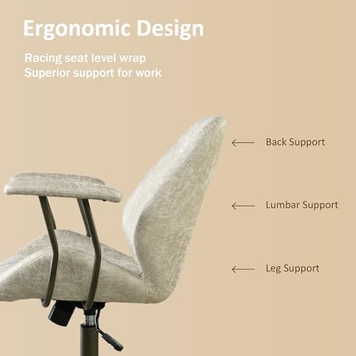 Mid Back Home Office Chair, Mid Century Modern Executive Chair, Comfy Ergonomic Rolling Office Desk Chair with Lumbar Support, Faux Leather Office Chair, Beige - Image 3
