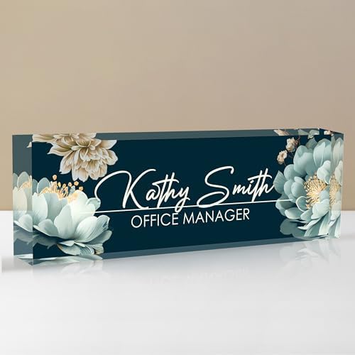 Personalized Name Plate for Desk, Custom Desk Name Plate, Acrylic Name Plate Office Desk Accessories, Personalized Office Gifts for Coworkers Teachers, Employee Appreciation Gifts (B-White Flower) by EOBIBIFUN