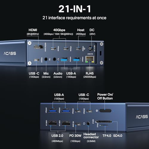 ACASIS Thunderbolt 4 Dock 21-IN-140gbps for MacBook Pro Docking Station Dual Monitor, 8K60Hz HDMI 2.5 GbE Ethernet SD/TF 4.010Gbps 7*USB C/A, 3.5mm Audio, 40Gbps Dock for Mac/Dell/HP/Lenovo/ThinkPad - Image 2