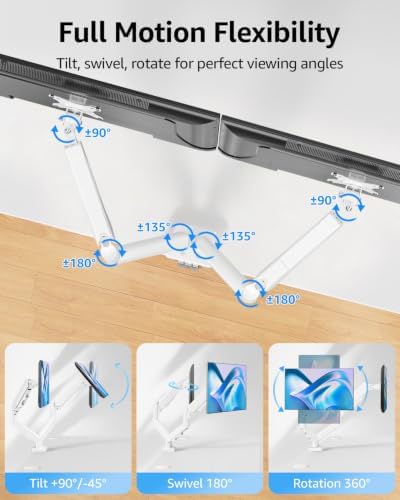 MOUNTUP Dual Monitor Stand for Desk, Monitor Arms for 2 Monitors Max 32 Inches, Height Adjustable Double Monitor Mount, VESA Mount with C-Clamp & Grommet Base, Holds 4.4-17.6lbs, White - Image 4