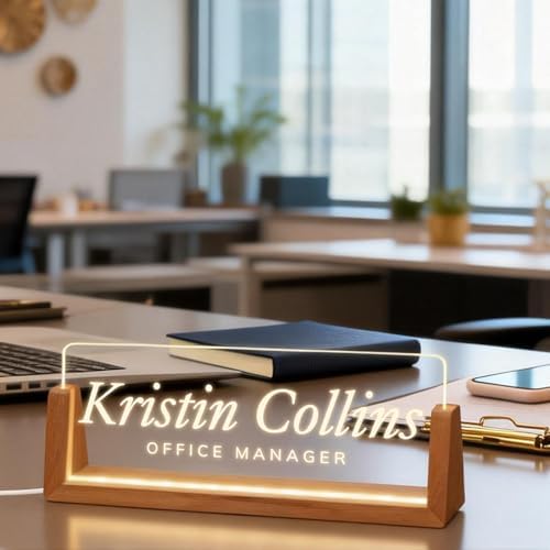 Personalized Light Up Acrylic Desk Name Plate - Custom Name Plate for Desk with Walnut Wood Base - Appreciation Office Gifts for Employees, Teacher, Social Worker (engraving) - Image 2