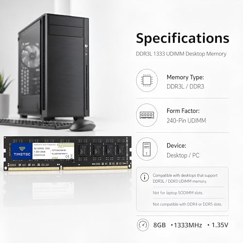 Timetec 80GB KIT(10x8GB) DDR3 / DDR3L 1333MHz PC3-10600 Non-ECC Unbuffered 1.5V / 1.35V CL9 2Rx8 Dual Rank 240 Pin UDIMM PC Desktop Computer Memory RAM Module Upgrade (80GB KIT(10x8GB)) - Image 7