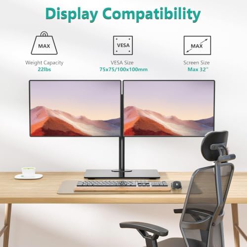 WALI Free Standing Dual Monitor Stand, Height Adjustable Monitor Mount with Glass Base, Fits LCD LED Flat Curved Screen up to 32 inch, 22lbs, with Grommet Base (GMF002) - Image 2