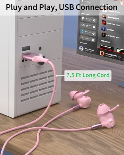 USB Earbuds with Microphone for PC Laptop,USB A Headphones,Pink - Image 3