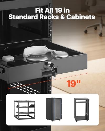VEVOR 2U Rack Drawer, Lockable Server Cabinet Case, 13.8'' Depth Server Rack Mount Drawer, for 19'' Network Equipment/DJ/AV Rack or Cabinet Enclosure, 50 lbs Max Load, with Cable Management Holes - Image 2