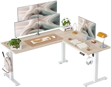 TIQLAB L Shaped Standing Desk Adjustable Height, Electric Corner Standing Desk, 63 x 55 inch Sit Stand Computer Table with Splice Board, Light Walnut by TIQLAB