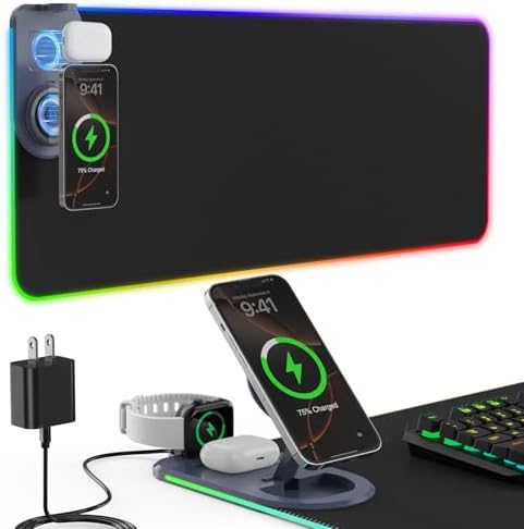 15W Wireless Charging Mouse Pad with Phone Holder&20W Power Adapter, RGB Gaming Mouse Pad, 15 Lights Mode 31.5"x11.8" XXL Large Desk Pad,Ultra-Smooth Surface,Non-Slip Rubber Base by BringKidsJoyHappiness