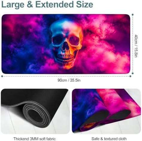 Halloween Smoke Skull Extended Gaming Mouse Pad 35.4"x15.7" Large Extended Pad Desk Mat Anti-Slip Rubber Base & Durable Stitched Edges for Gamers Smooth Mouse Pad Writing Surface for Desk Office/Home - Image 2