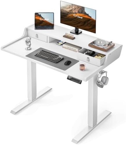 ErGear Electric Standing Desk with Drawers, 40″ x 24″ Small Gaming Table Compatible Monitor Stand, Stand up Desks, Home Office Height-Adjustable Desk with Storage Shelf, 4 Preset Heights, White by ErGear