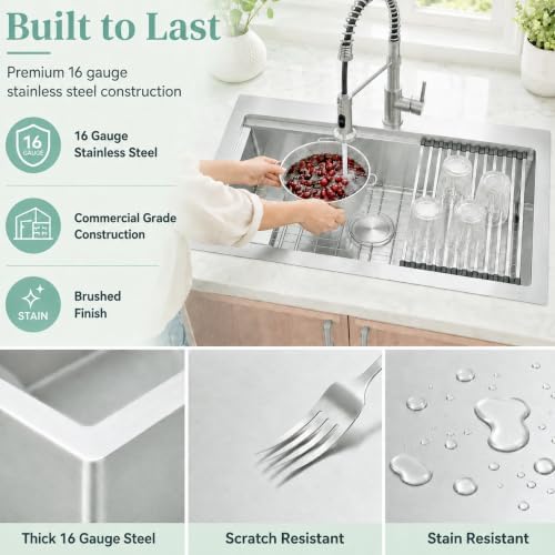 Drop In Kitchen Sink 33" X 22",Single Bowl Workstation Sinks - Image 4