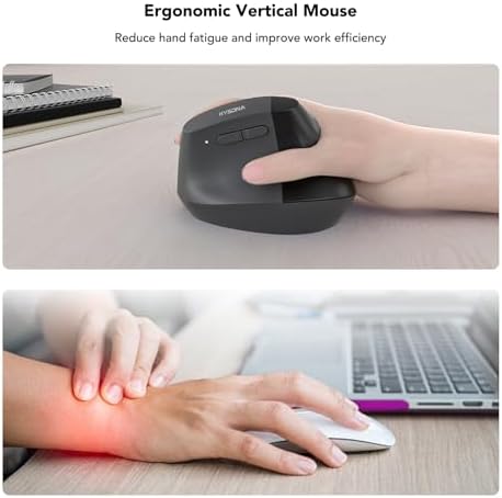 KYSONA EM18 Wireless Ergonomic Vertical Mouse, Ergo Design, Bluetooth Cordless Mouse for Medium/Large Hands, Silent Click, 5-Level Adjustable DPI, Carpal Tunnel Mice for Computer/PC/Mac/Laptop, Black - Image 3