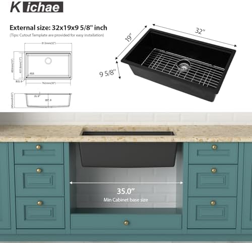 Kichae 32 x 19 Undermount Kitchen Sink Black Granite Composite Workstation - Image 7