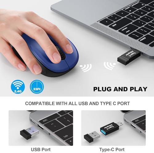 WisFox 2.4G Wireless Mouse for Laptop, Ergonomic Computer Mouse with USB Receiver and Type-C Adapter, 3 Adjustable Levels, 6 Button Cordless Wireless Mice for Windows Mac PC Notebook (Blue) - Image 2