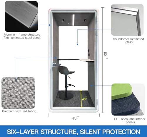 Quiet Meeting Pod with Acoustic Panels, Office Soundproof Room with Furniture, Portable Removable Working Booth for Private Phone Calling, Study, Individual Seater Personal Office H92in W43in D40in - Image 2