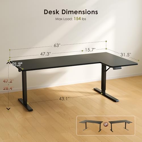 OffiGo 63" Reversible L Shaped Electric Standing Desk, Carbon Fiber Black - Image 3