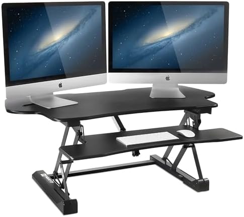 Mount-It! 48.5" Electric Standing Desk Converter for Dual Monitors, Motorized Sit Stand Electric Desk Riser with USB Port & Device Slot, Keyboard Tray, Adjustable Height Ergonomic Workstation, Black by Mount-It