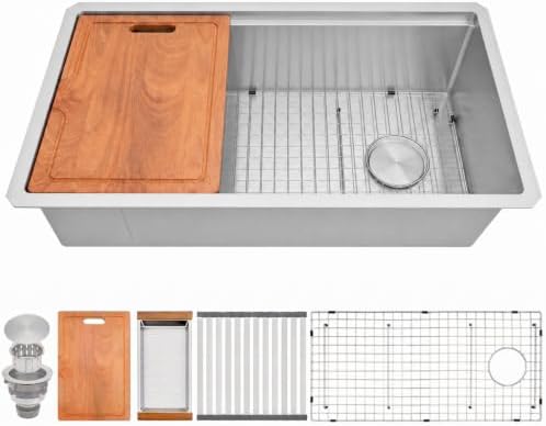 33" X 18" Undermount Kitchen Sink Offset Drain with Workstation by Lonsince