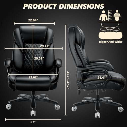 600lbs Big and Tall Office Chair with Pocket Spring Cushion, Ergonomic Heavy Duty Executive Office Desk Chair with Adjustable Lumbar Support, Large Comfy Computer Chair with Dual Rubber Wheel - Image 3