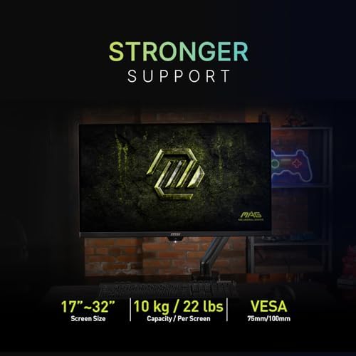 MSI MAG MT101DG - Gas Spring Dual Monitor Stand Arm, Supports 17-32" and 22 lbs, VESA Compatible, Adjustable Gas Spring Mount, Clamp & Grommet, Quick Release Plate – Black - Image 3