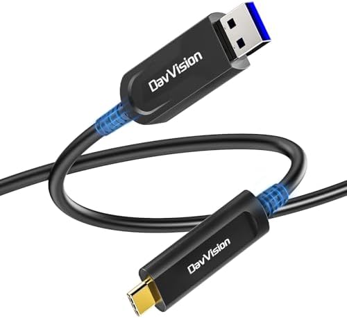 USB A to USB C Fiber Optic Cable 50 FT, 10Gbps USB 3.2 Gen2 Extension Cable with German SiliconLine Chip, Ultra Slim & Long Distance for Logitech 4K Camera,VR/AR,Video Conference by DavVision