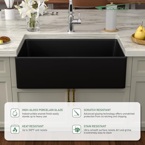 Black Fireclay Farmhouse Sink - Couoko 33 Inch Matte Black Apron Front Farm Sink Porcelain Farms House Style Single Bowl Farmhoues kitchen Sinks with Luxury Accessories - Image 6