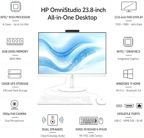 HP OmniStudio All‑in‑One Desktop, 24‑Inch Full HD Display, Intel N150 Quad‑Core CPU, 16GB DDR5 RAM, 128GB UFS Storage, WiFi 6, Bluetooth 5.4, Wired Keyboard & Mouse, Windows 11, Cashmere White - Image 2